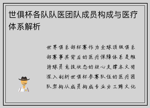 世俱杯各队队医团队成员构成与医疗体系解析
