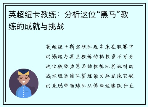 英超纽卡教练：分析这位“黑马”教练的成就与挑战