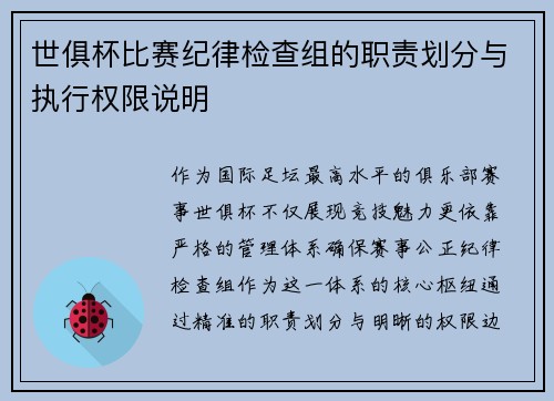 世俱杯比赛纪律检查组的职责划分与执行权限说明