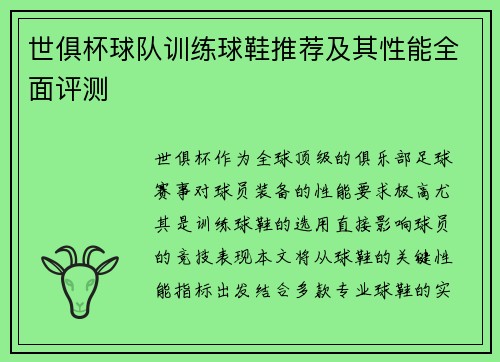 世俱杯球队训练球鞋推荐及其性能全面评测